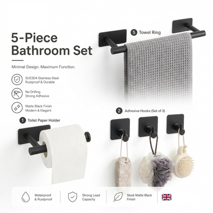 5-Piece  Self-Adhesive Bathroom Accessories Set, Black