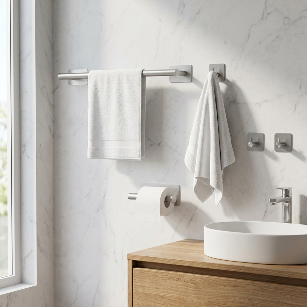5-Piece  Self-Adhesive Bathroom Accessories Set, Silver