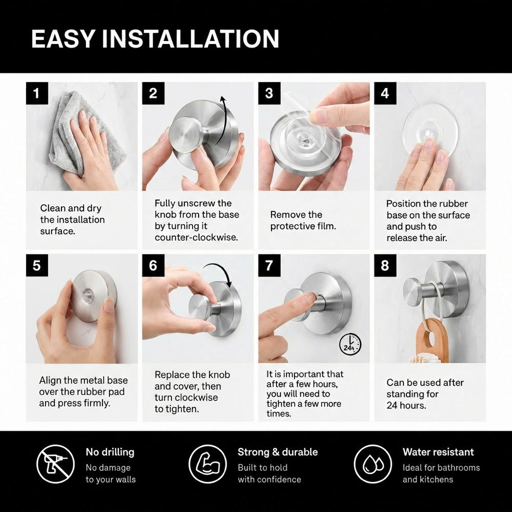 Self-adhesive Shower Suction Towel Hook Set, Silver