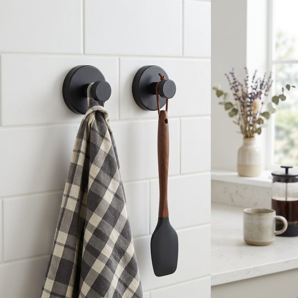 Self-adhesive Shower Suction Towel Hook Set, Black