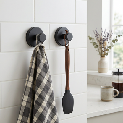 Self-adhesive Shower Suction Towel Hook Set, Black