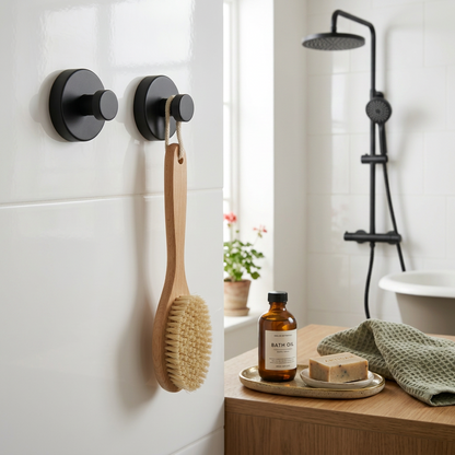 Self-adhesive Shower Suction Towel Hook Set, Black