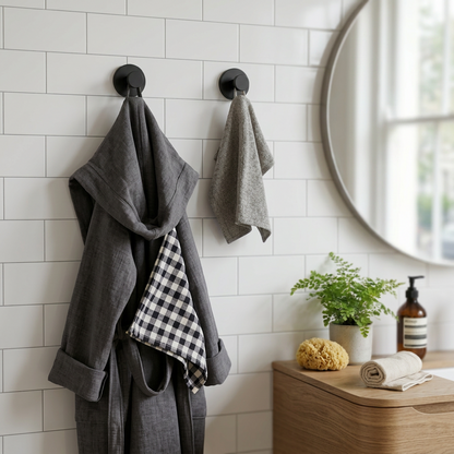 Self-adhesive Shower Suction Towel Hook Set, Black