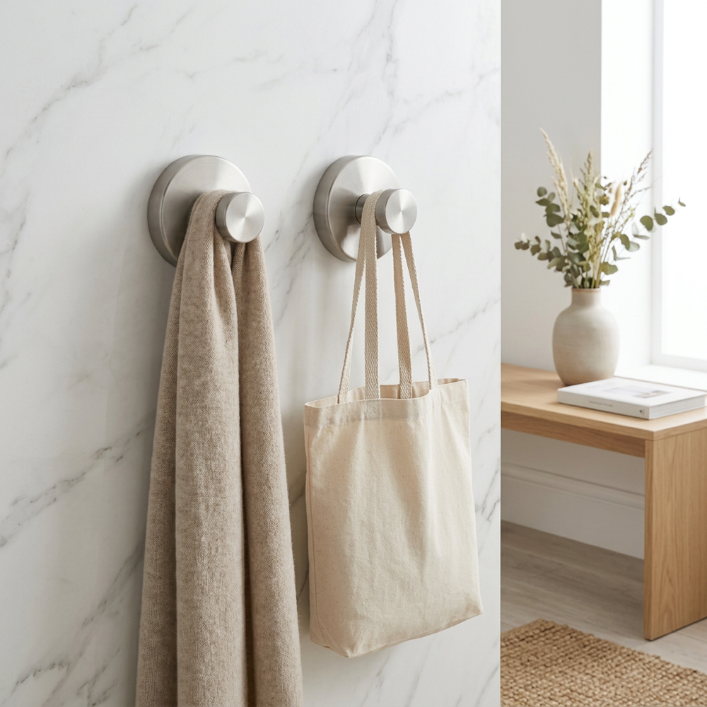 Self-adhesive Shower Suction Towel Hook Set, Silver
