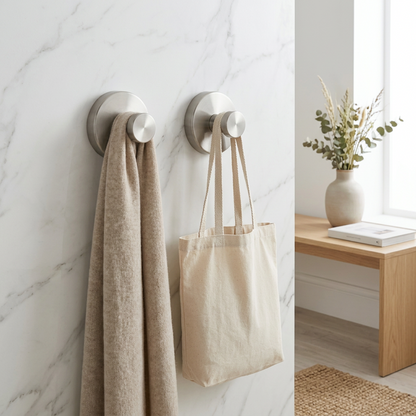 Self-adhesive Shower Suction Towel Hook Set, Silver