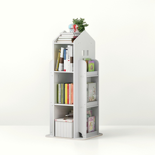 White bookshelf with books and decorative items on a white background