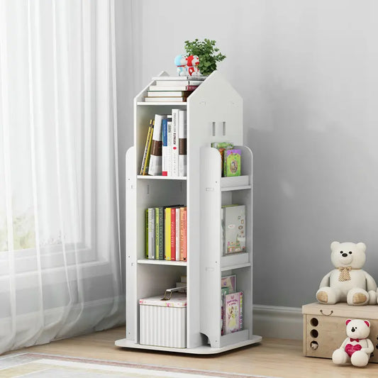 White bookshelf with books and decorative items in a room with a teddy bear and a plant.