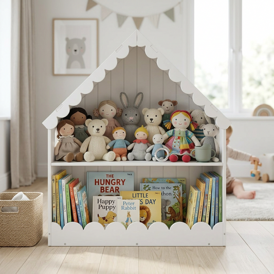 2-Tier Kids Bookshelf House Shaped with Roof and Windows