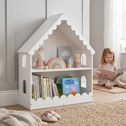 2-Tier Kids Bookshelf House Shaped with Roof and Windows