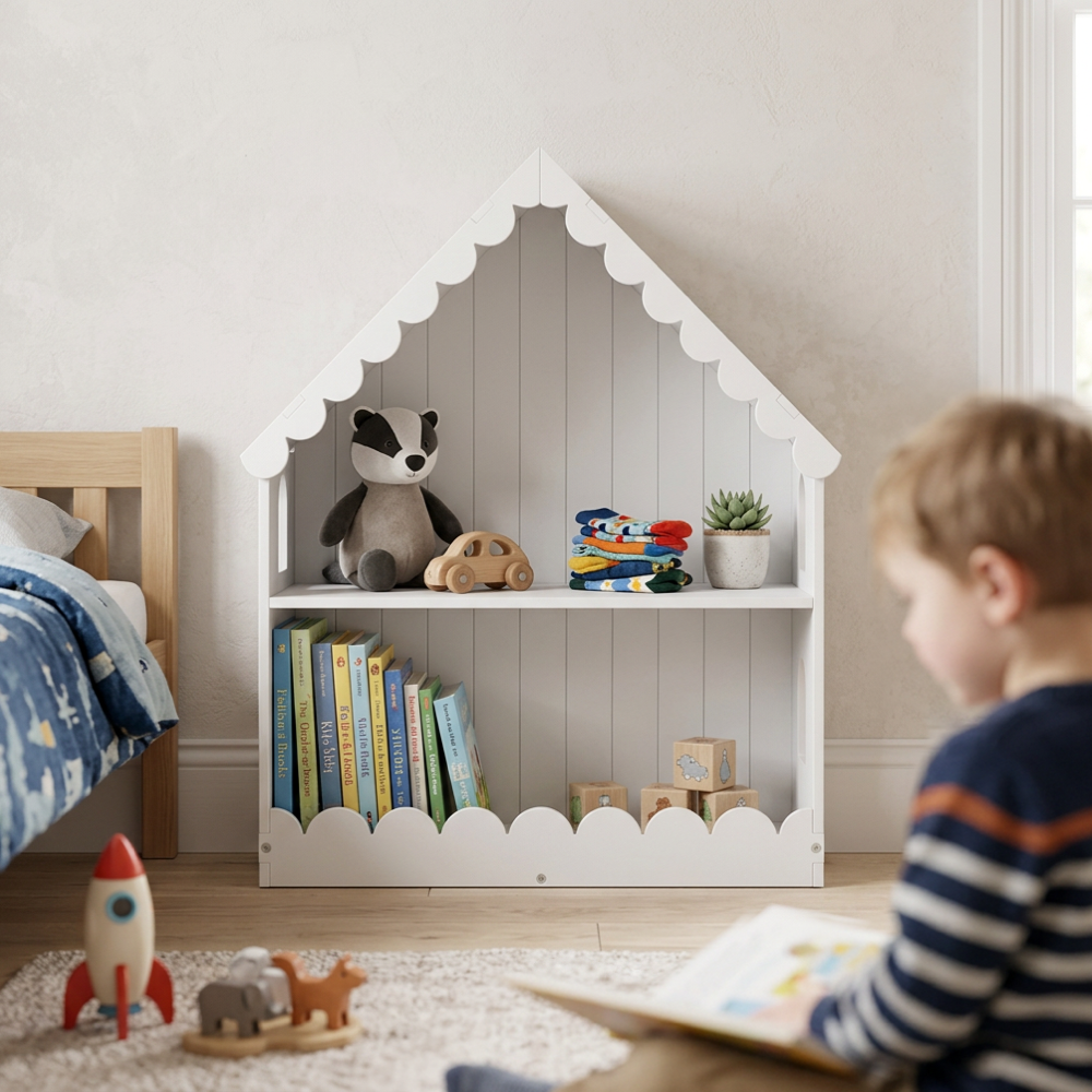 2-Tier Kids Bookshelf House Shaped with Roof and Windows