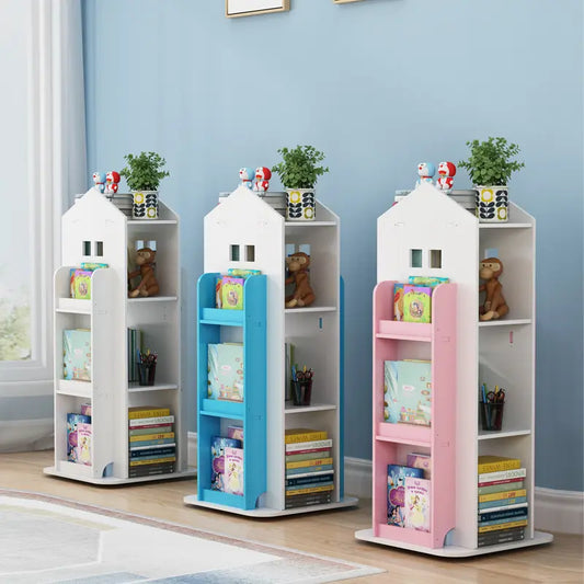 4-Tier Kids' House Frame Rotating Bookshelf