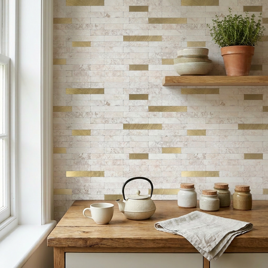 Set of 10 Aluminum Wall Tile Sticker - Beige Gold
