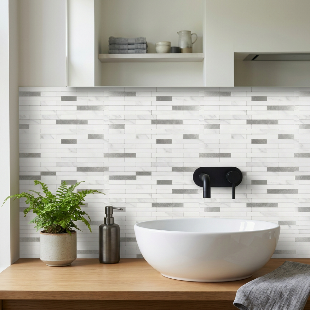 Set of 10 Aluminum Wall Tile Sticker - White Silver