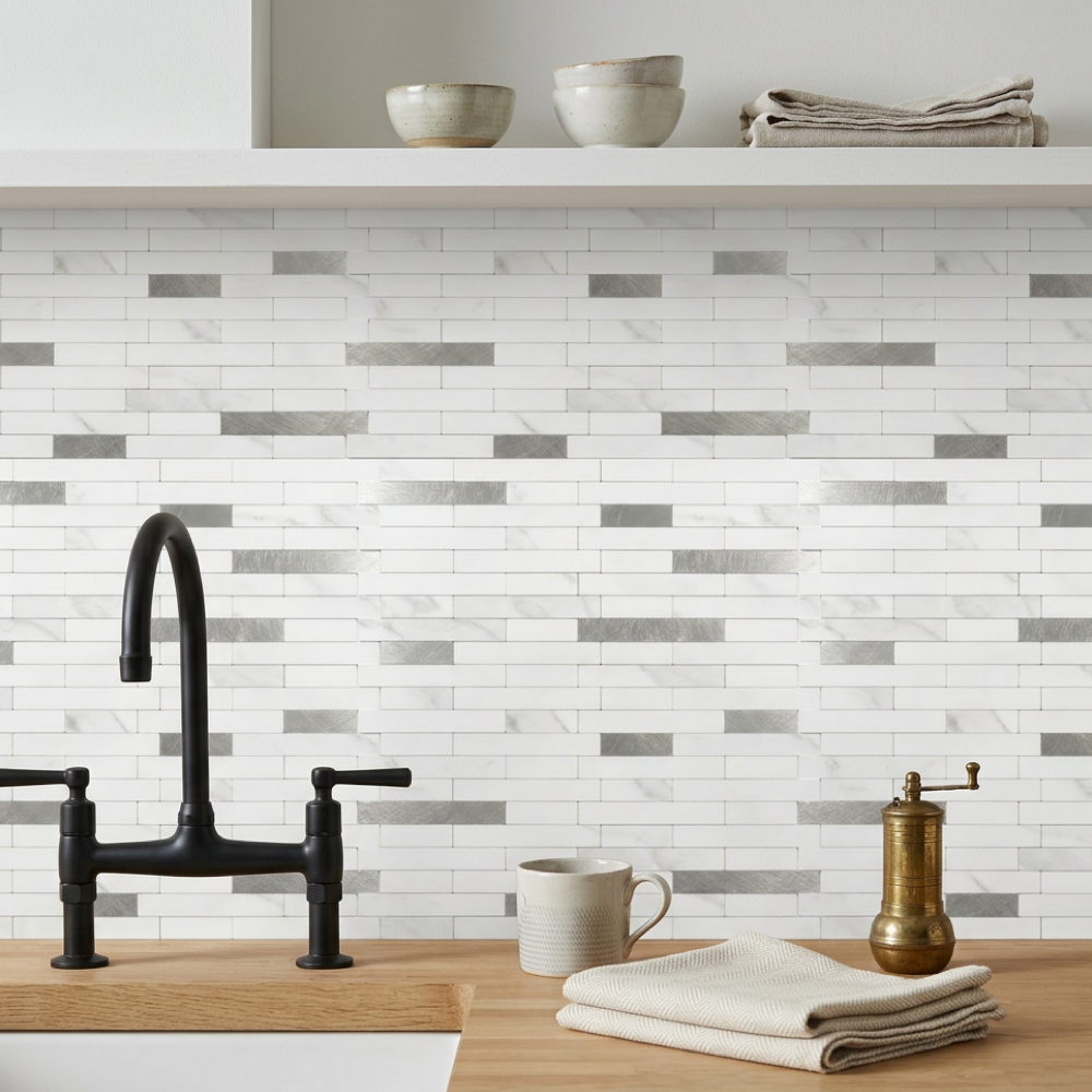 Set of 10 Aluminum Wall Tile Sticker - White Silver