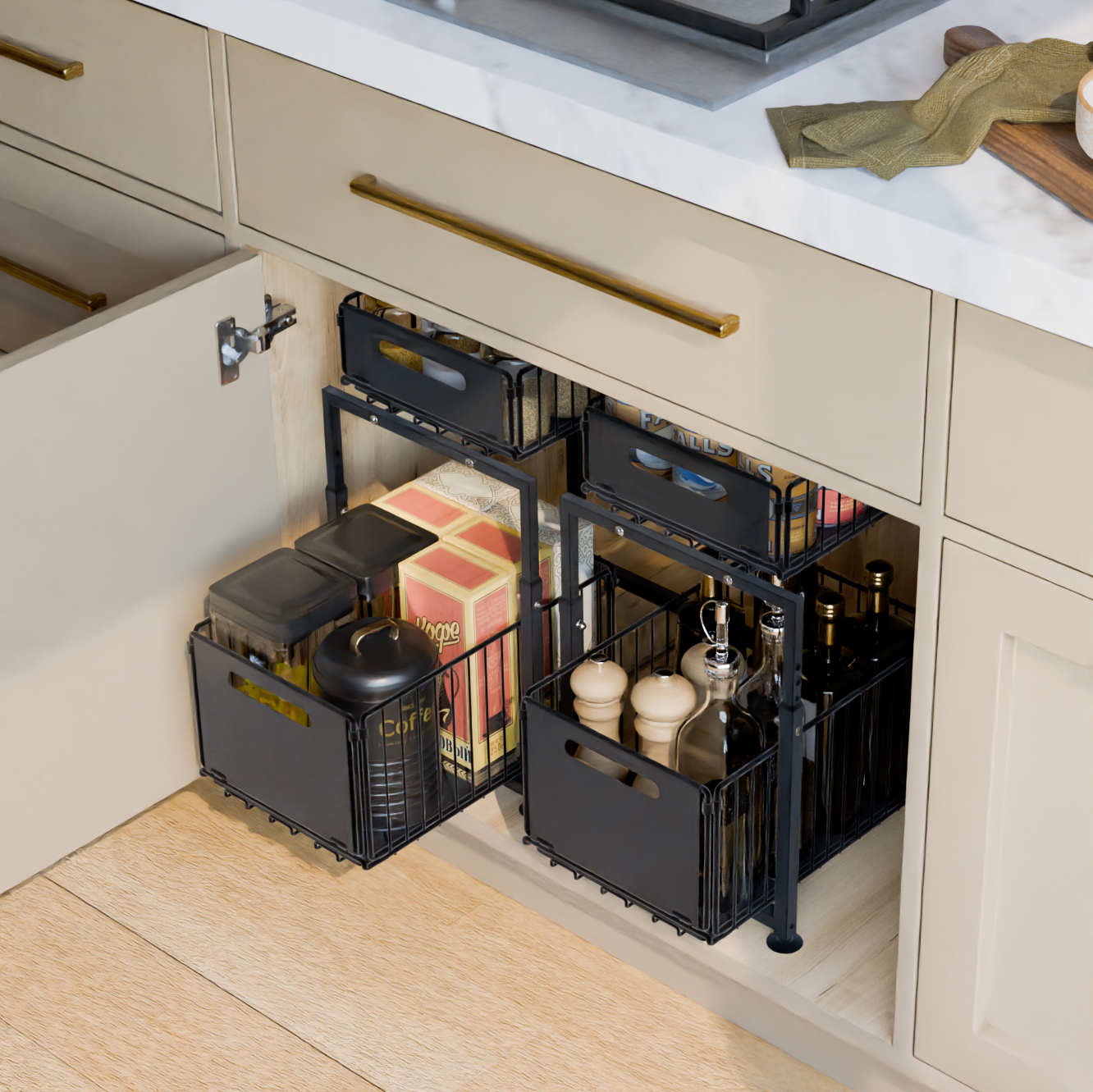 2-Tier Pull-Out Storage Rack for Kitchen Cabinet