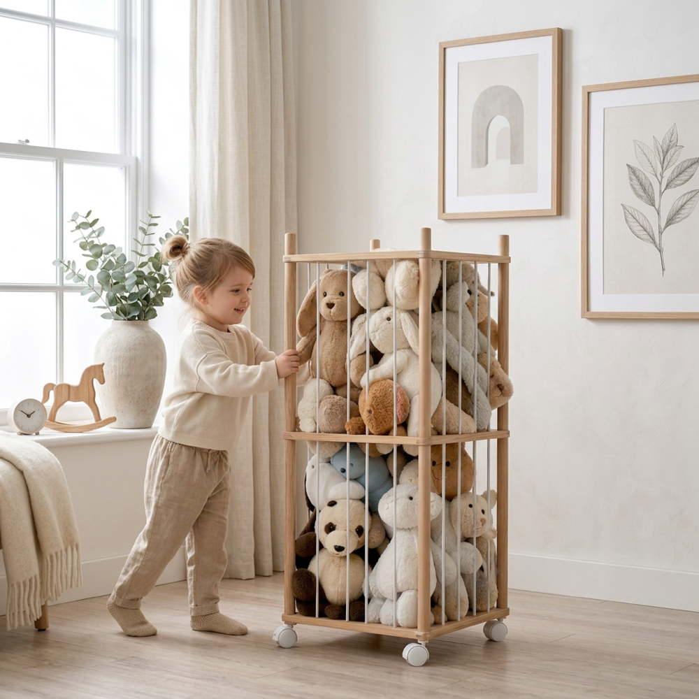 97cm Wooden Plush Storage Organizer with Wheels