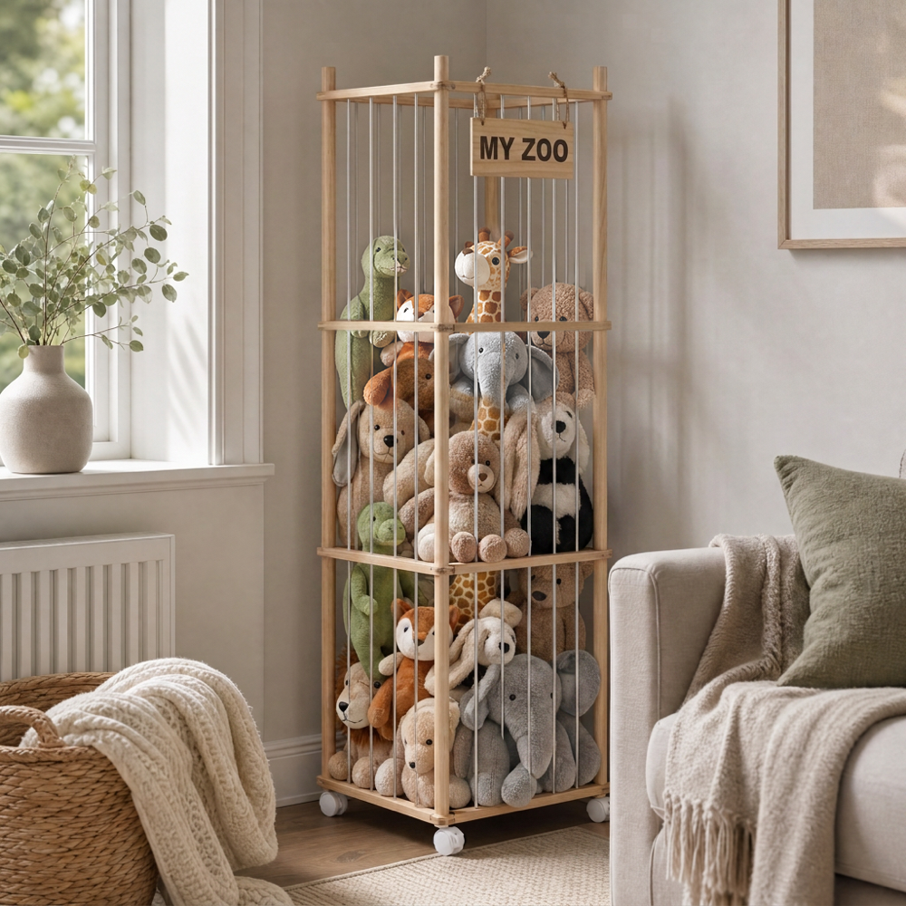 137cm Wooden Plush Storage Organizer with Wheels