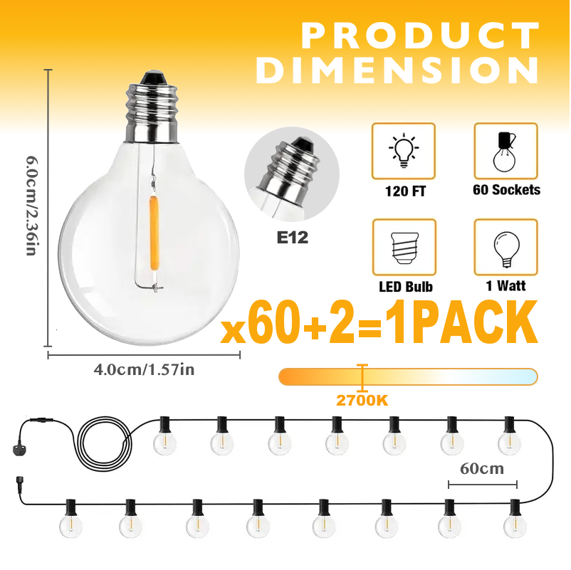 120ft Outdoor String Lights G40 LED 60+2 Bulbs