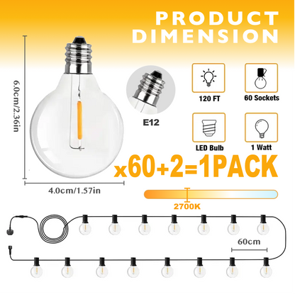 120ft Outdoor String Lights G40 LED 60+2 Bulbs
