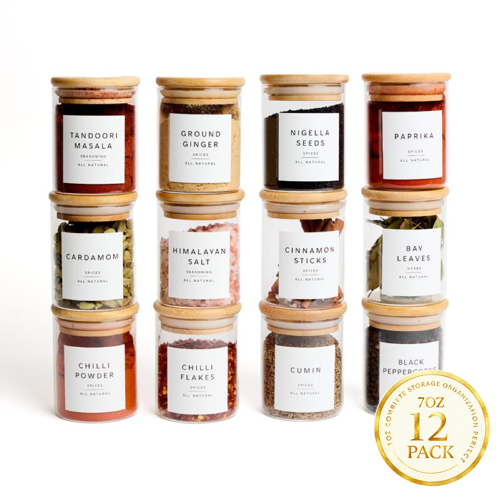Set of 12 Glass Spice Jars with Lids and Labels