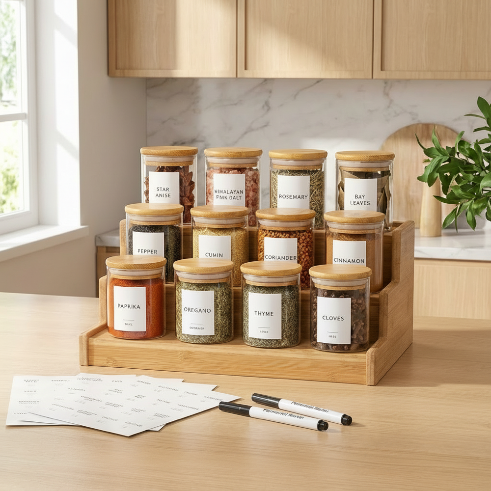 Set of 12 Glass Spice Jars with Lids and Labels
