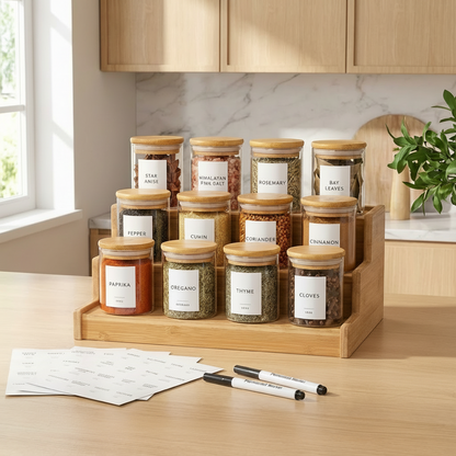 Set of 12 Glass Spice Jars with Lids and Labels