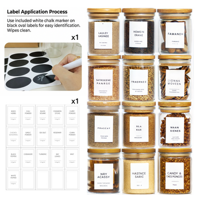 Set of 12 Glass Spice Jars with Lids and Labels