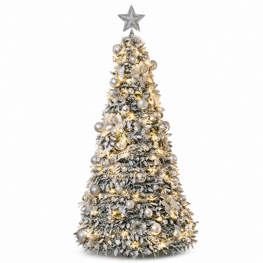 Pre-Lit Pop Up Christmas Tree with Baubles and LED Lights – Silver
